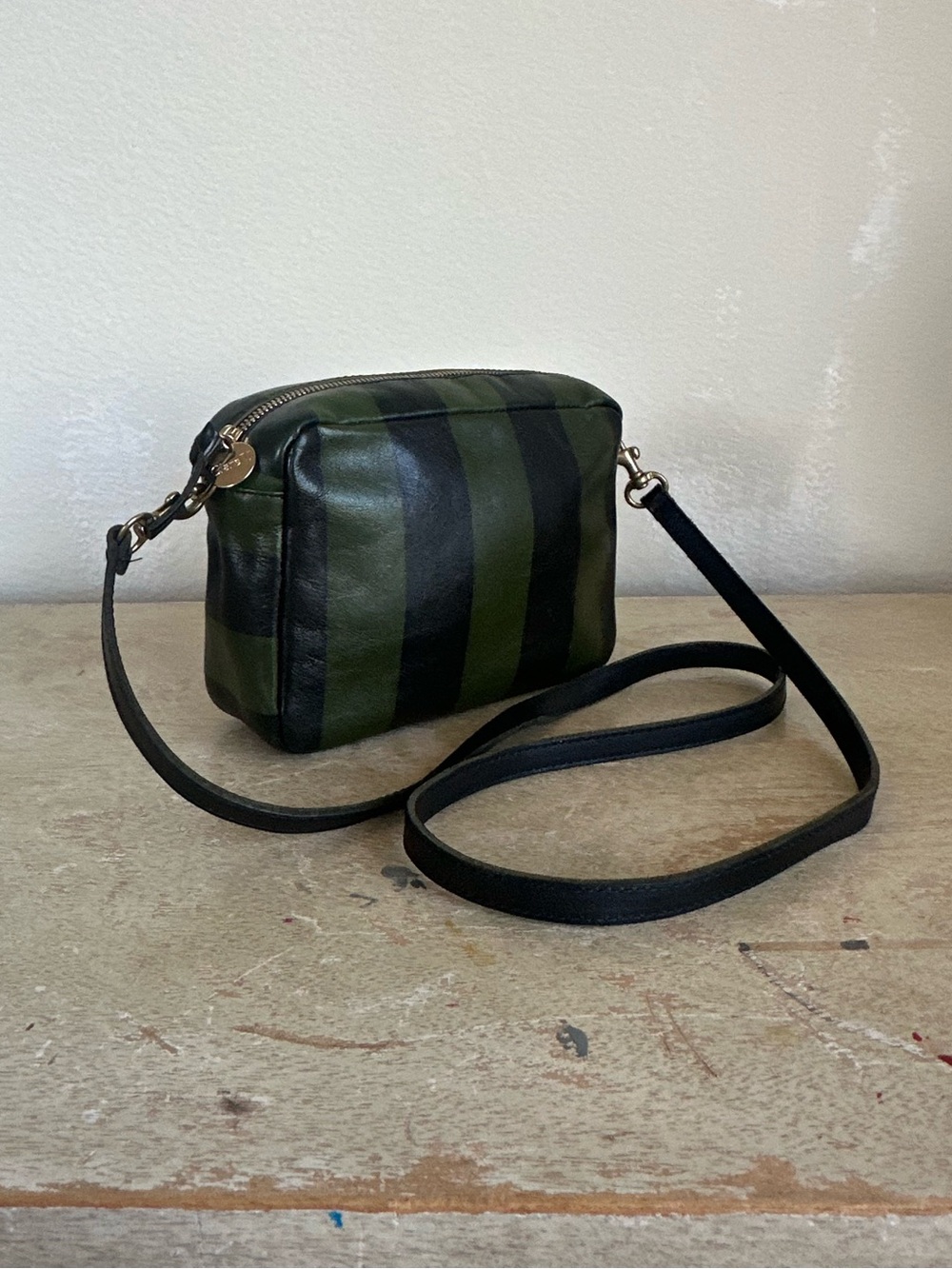 Clare V Striped Leather Crossbody Midi Sac Bag in Black/Fern Stripe - Picture 2 of 16